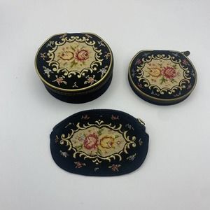 Golden‎ Seal West Germany Black Needlepoint Evening Set Vintage Compact Coin
